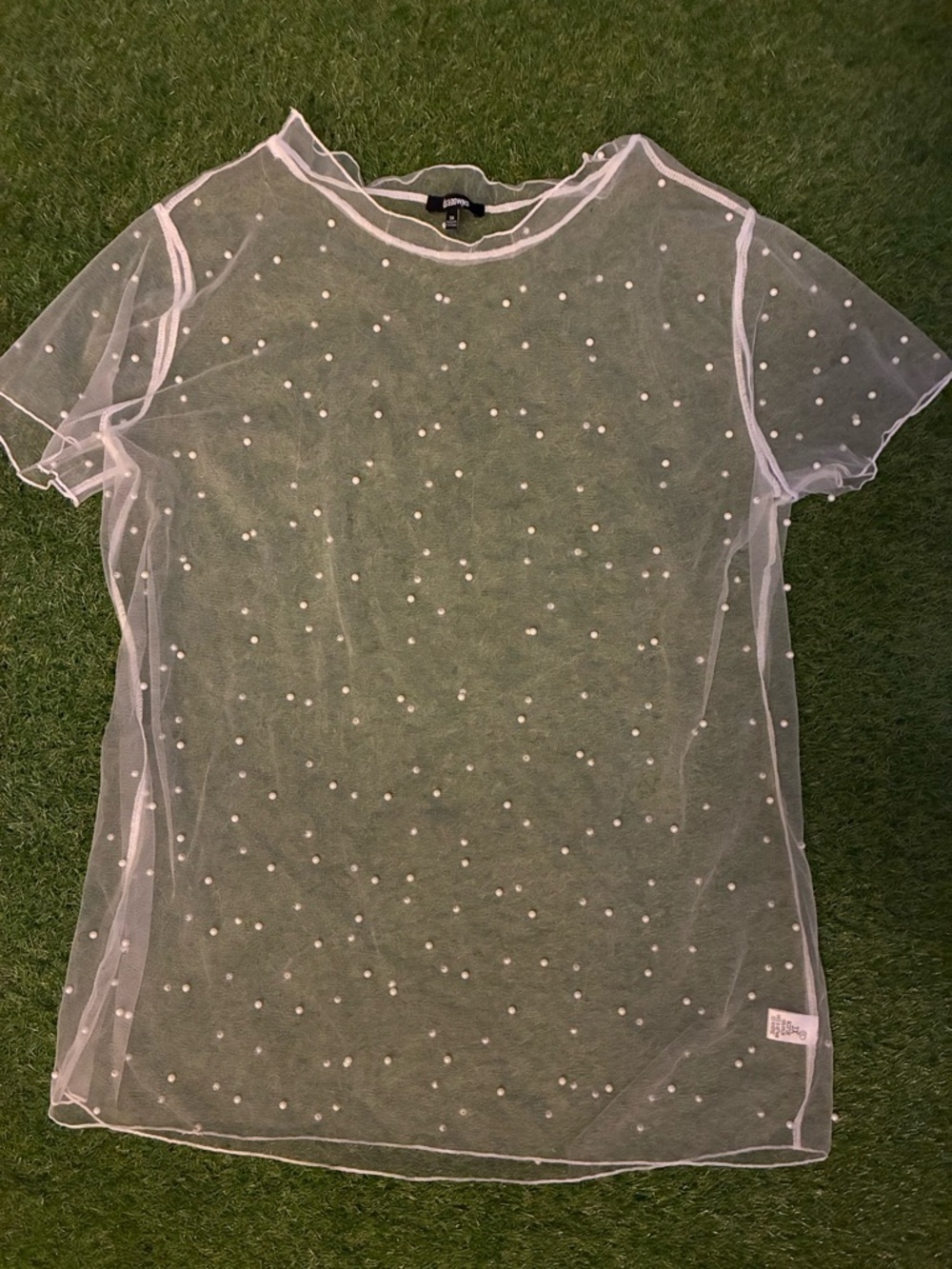 Sheer White Pearl-Embellished Mesh Tee